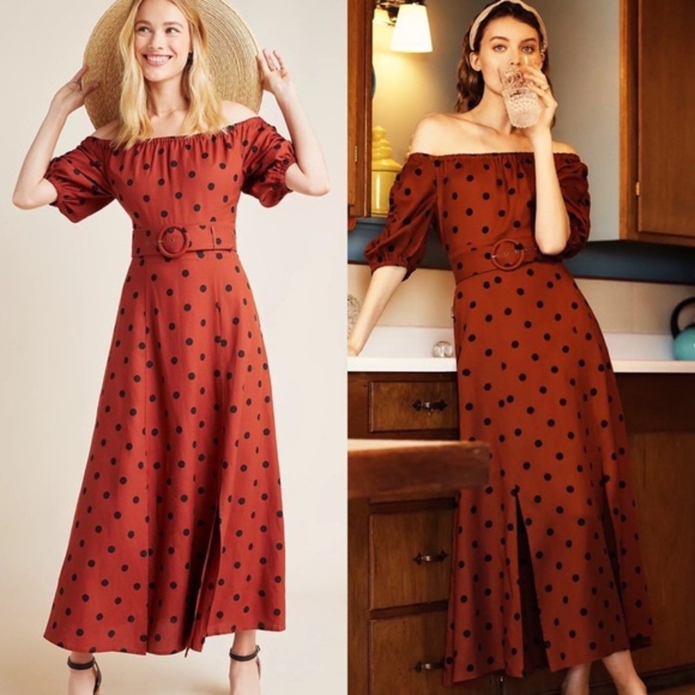 Anthropologie Maeve Lucienne Rust Brown Belted Polka Dot Off Shoulder Dr…
